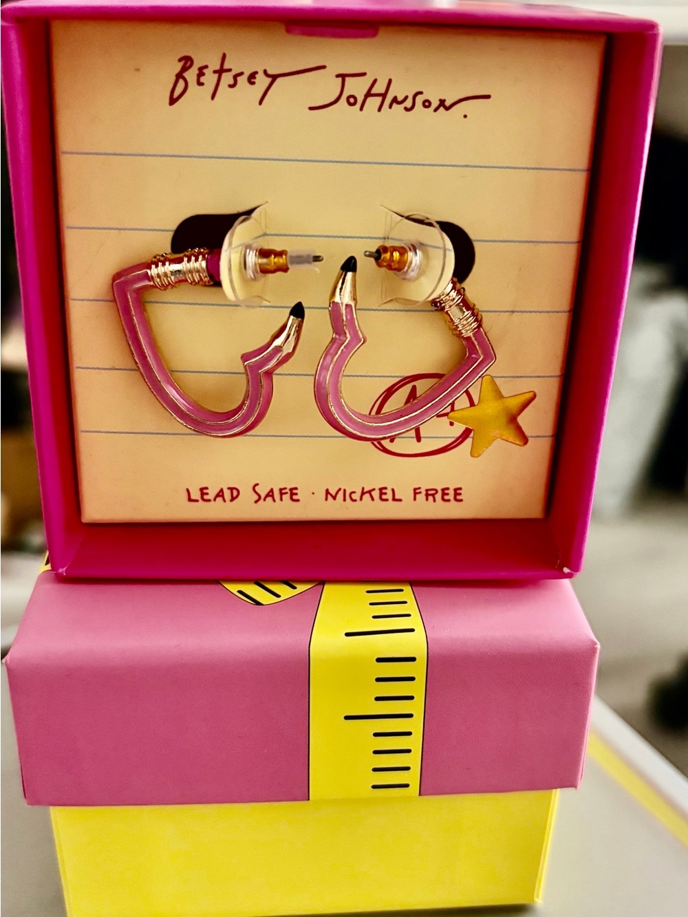 Betsey Johnson Heart-Shaped Hoop Pencil Earrings